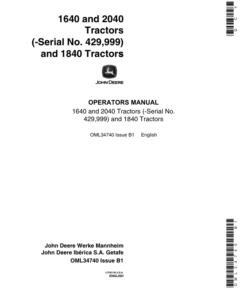 John Deere 1640, 1840 & 2040 Tractors (000000-429999) Operator's Manual (OML34740)