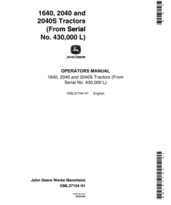 John Deere 1640, 2040 & 2040S Tractors (430000-449999) Operator's Manual (OML37104)