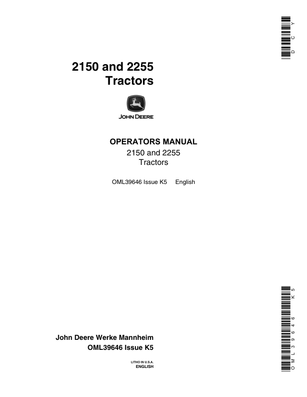 John Deere 2150, 2255 Utility Tractors Operator's Manual (OML39646)