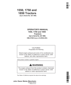John Deere 1550, 1750, 1850 Tractors (-621999) Operator's Manual (OML57690)
