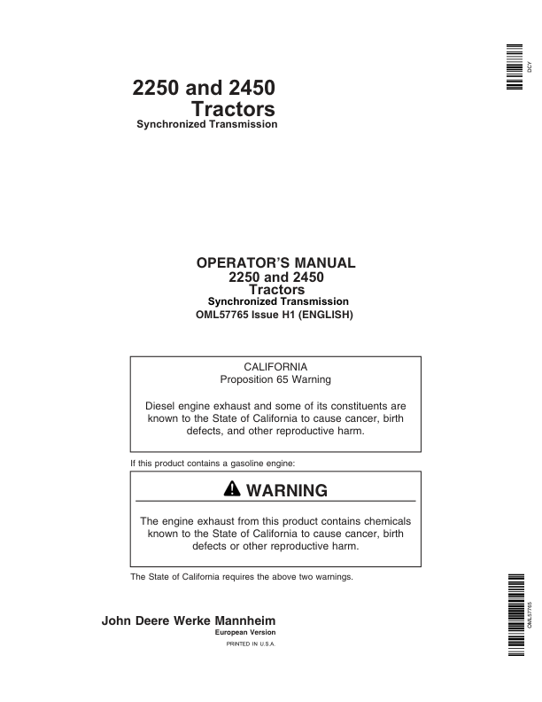 John Deere 2250, 2450 Tractors Operator's Manual (OML57765)