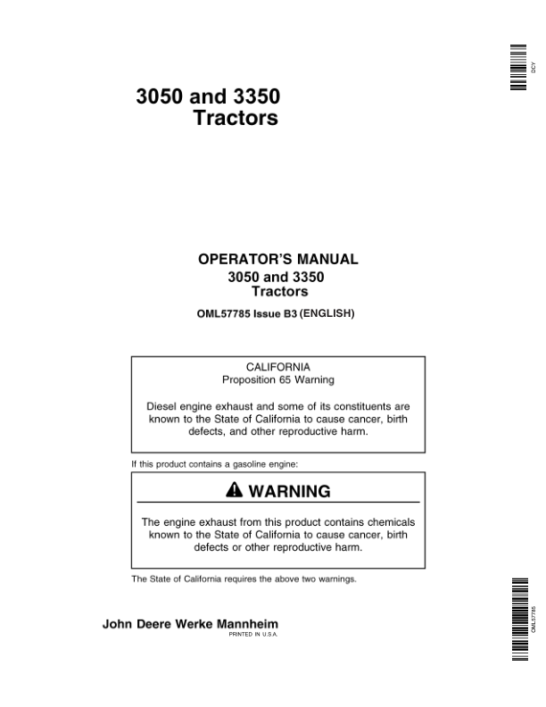 John Deere 3050, 3350 Tractors Operator's Manual (OML57785)