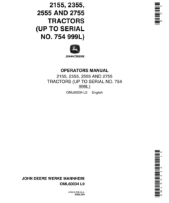 John Deere 2155, 2355, 2555, 2755 Tractors (-754999) Operator's Manual (OML60034)