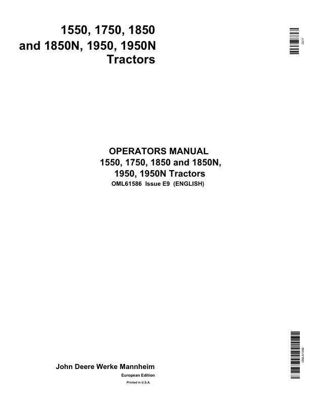 John Deere 1550, 1750, 1850, 1850N, 1950, 1950N Tractors Operator's Manual (OML61586)