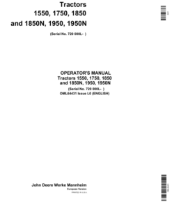 John Deere 1550, 1750, 1850, 1850N, 1950, 1950N Tractors (720000-) Operator's Manual (OML64431)