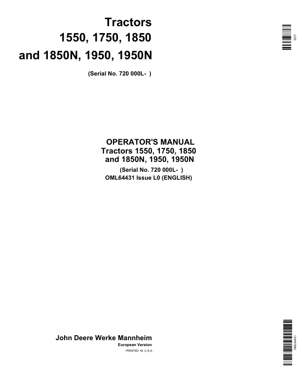 John Deere 1550, 1750, 1850, 1850N, 1950, 1950N Tractors (720000-) Operator's Manual (OML64431)