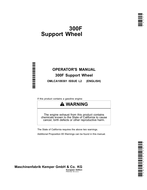 John Deere 300F Support Wheel for 375 Rotary Harvesting Unit Operator's Manual (OMLCA109301)