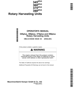 John Deere 345 Plus, 360 Plus, 375 Plus, 390 Plus Rotary Harvesting Units Operator's Manual (OMLCA109308)