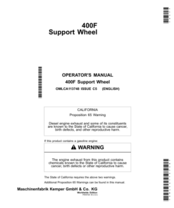 John Deere 400F Comfort Support Wheel(for 460-Plus, 475, 475-Plus, 770 & 778Rotary Harvesting Unit)Worldwide Edition Operator's Manual (OMLCA113748)