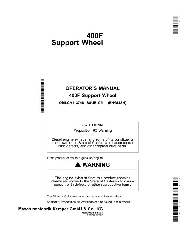 John Deere 400F Comfort Support Wheel(for 460-Plus, 475, 475-Plus, 770 & 778Rotary Harvesting Unit)Worldwide Edition Operator's Manual (OMLCA113748)