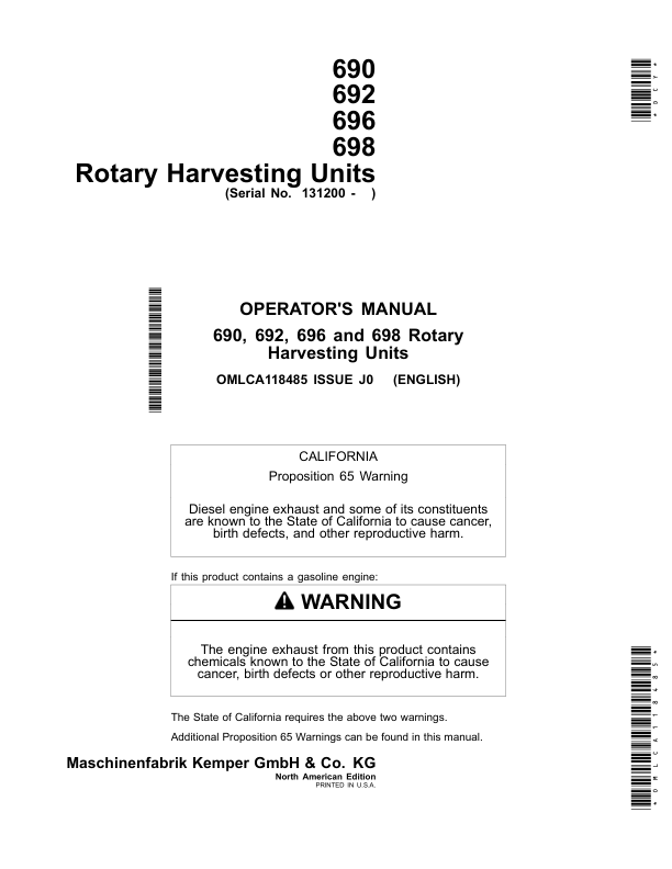 John Deere 690, 692, 696, 698 Rotary Harvesting Units (131200-) Operator's Manual (OMLCA118485)