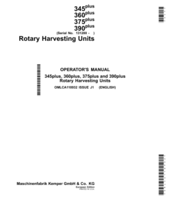John Deere 345plus, 360plus, 375plus, 390plus Rotary Harvesting Units (131200-) (European Edition) Operator's Manual (OMLCA118932)