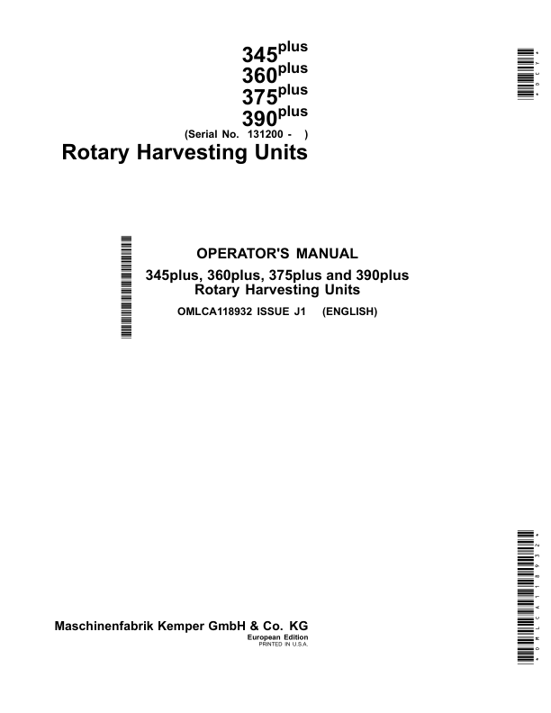 John Deere 345plus, 360plus, 375plus, 390plus Rotary Harvesting Units (131200-) (European Edition) Operator's Manual (OMLCA118932)