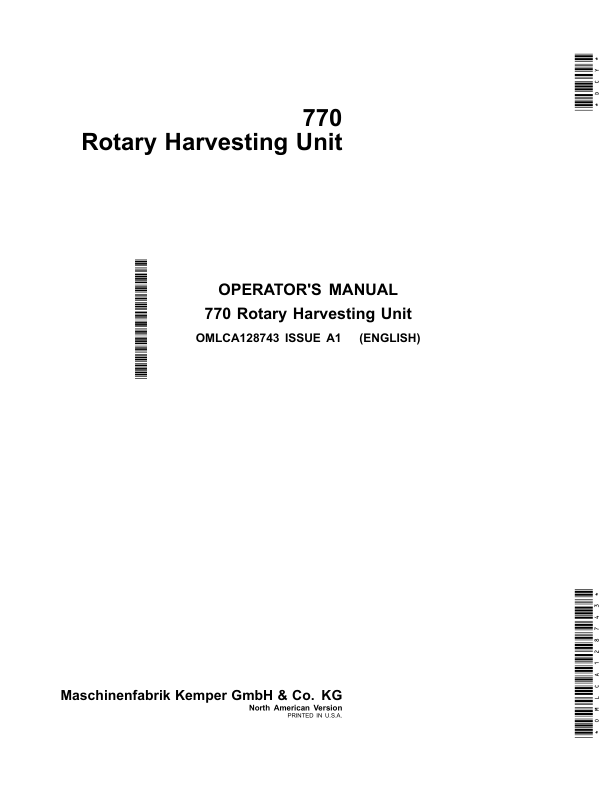 John Deere 770 Rotary Harvesting Unit (North America) (MY2016-) Operator's Manual (OMLCA128743)