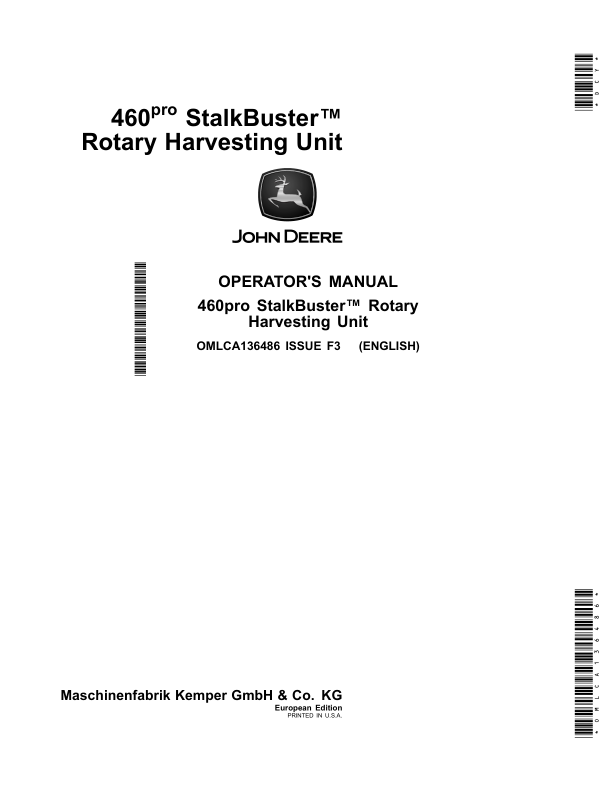 John Deere 460pro StalkBuster Rotary Harvesting Unit (European Edition) Operator's Manual (OMLCA136486)