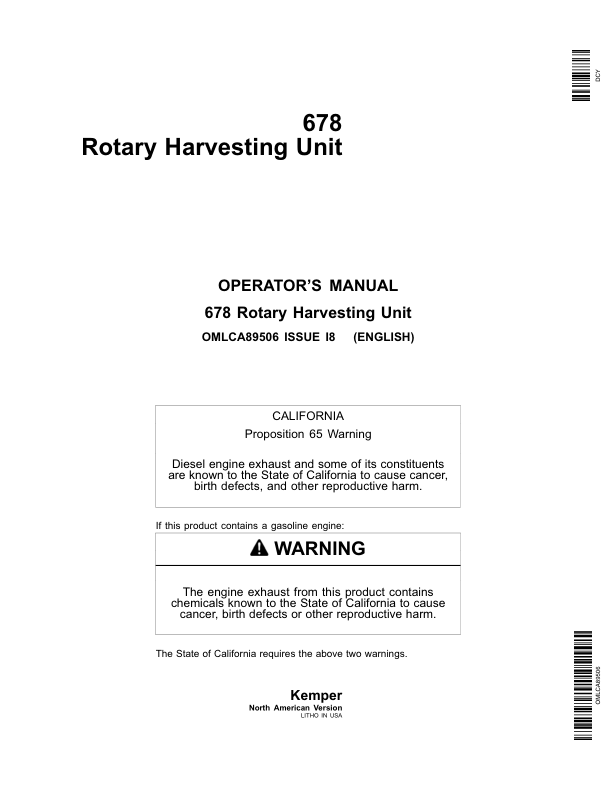 John Deere 678 Rotary Harvesting Unit Operator's Manual (OMLCA89506)