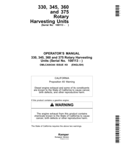 John Deere 330, 345, 360 & 375 Rotary Harvesting Unit Operator's Manual (OMLCA94344)