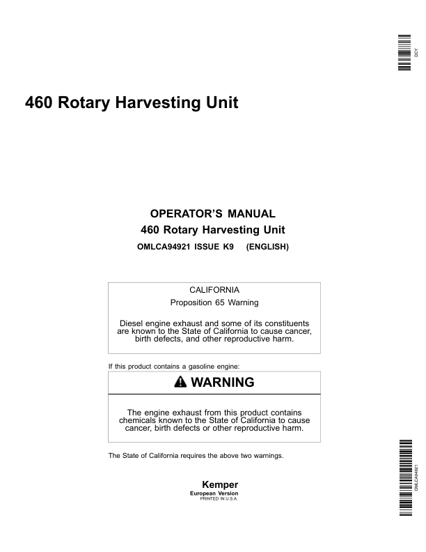 John Deere 460 Rotary Harvesting Unit Operator's Manual (OMLCA94921)