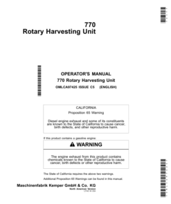 John Deere 770 Rotary Harvesting Unit North America (000001-125396) Operator's Manual (OMLCA97425)