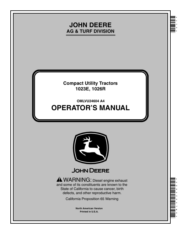 John Deere 1023E & 1026R Compact Utility Tractors (010001-209999) (North American) Operator's Manual (OMLVU24604)