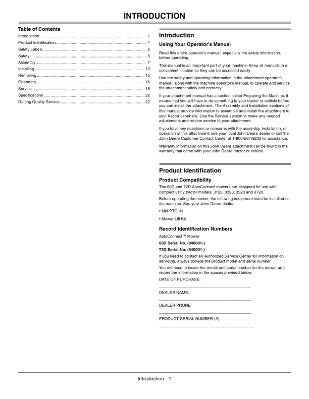 John Deere Auto Connect Mid Mount Mower - 60D, 72D (040001-) Operator's Manual (OMLVU25182) - Image 2