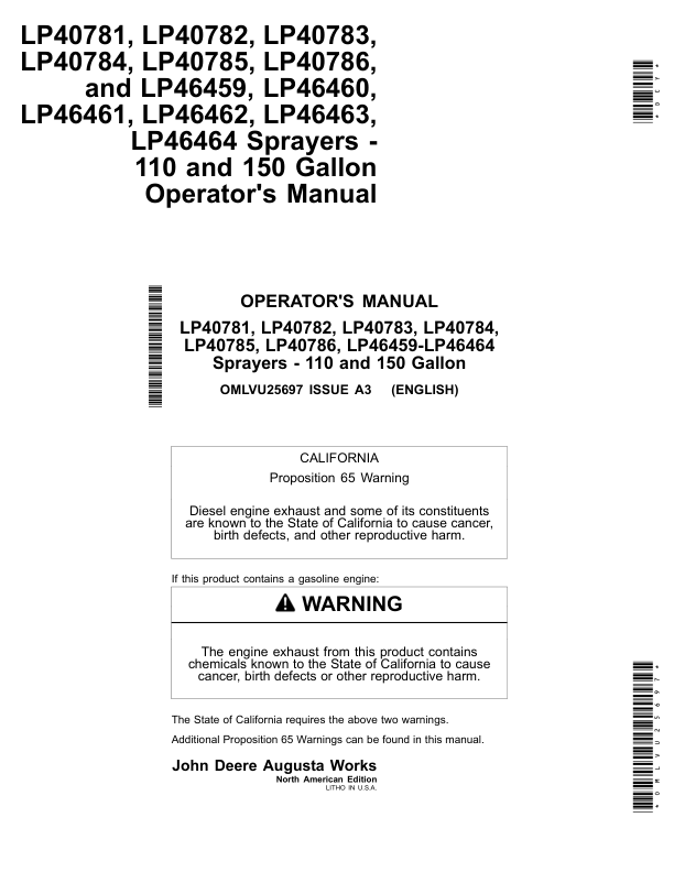 John Deere LP40781, LP40782, LP40783, LP40784, LP40785, LP40786 Sprayer - 110 Gallon Operator's Manual (OMLVU25697)