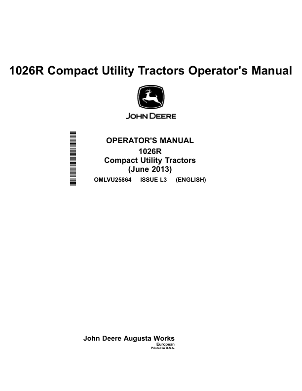 John Deere 1026R Compact Utility Tractor European Edition (310000-) Operator's Manual (OMLVU25864)