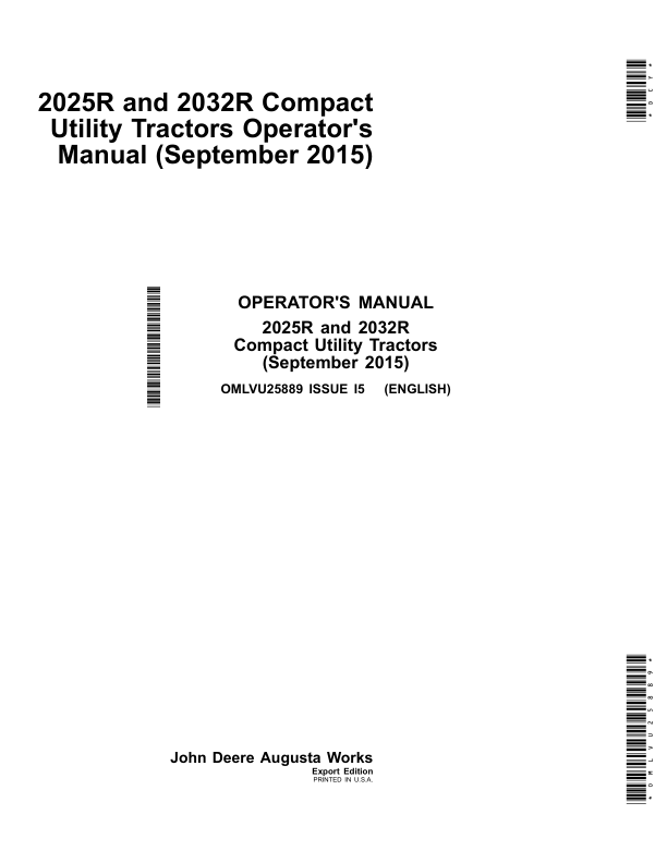 John Deere 2025R, 2032R Compact Utility Tractor Operator's Manual (OMLVU25889)