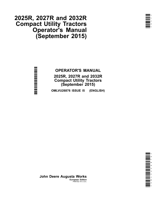 John Deere 2025R, 2027R, 2032R Compact Utility Tractors (010001-) Operator's Manual (OMLVU26876)