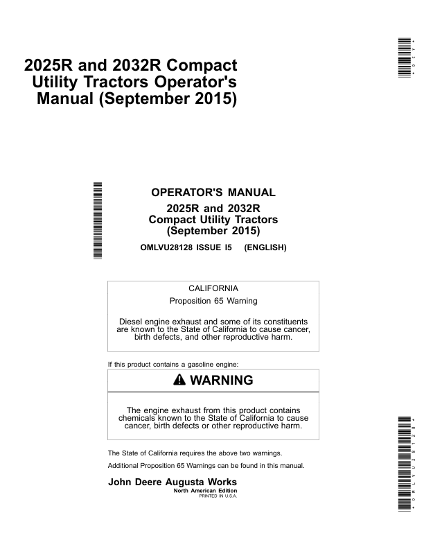 John Deere 2025R, 2032R Compact Utility Tractors (North American) Operator's Manual (OMLVU28128)
