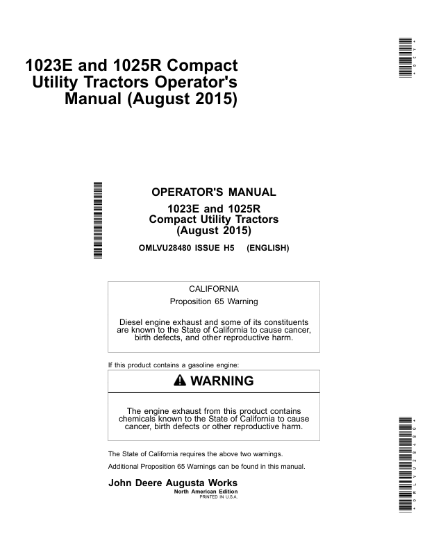 John Deere 1023E & 1025R Compact Utility Tractors North America (MY2015) Operator's Manual (OMLVU28480)