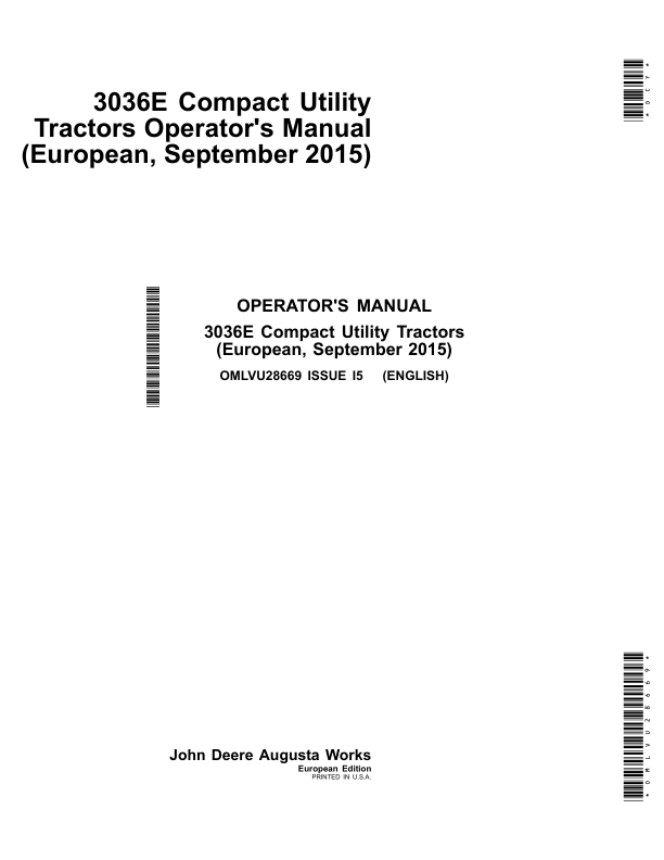 John Deere 3036E Compact Utility Tractors European Edition (610000-) Operator's Manual (OMLVU28669)