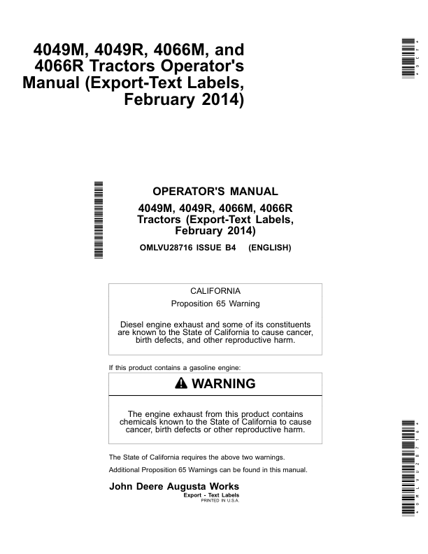 John Deere 4049M, 4049R, 4066M & 4066R Tractors Operator's Manual (OMLVU28716)