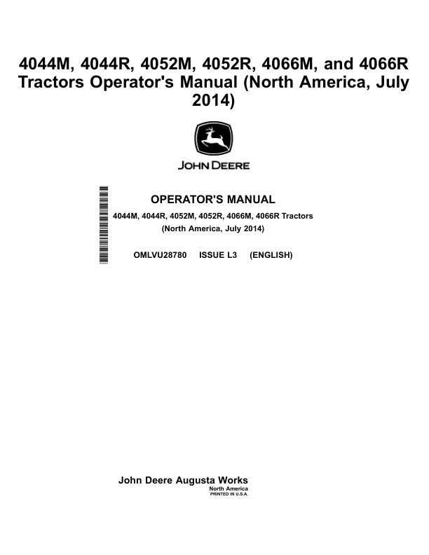 John Deere 4044M, 4044R, 4052M, 4052R, 4066M, 4066R Tractors (North America) (MY2014-) Operator's Manual (OMLVU28780)