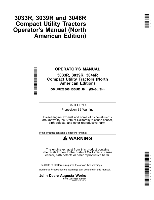 John Deere 3033R, 3039R & 3046R Compact Utility Tractors (North American) Operator's Manual (OMLVU28866)