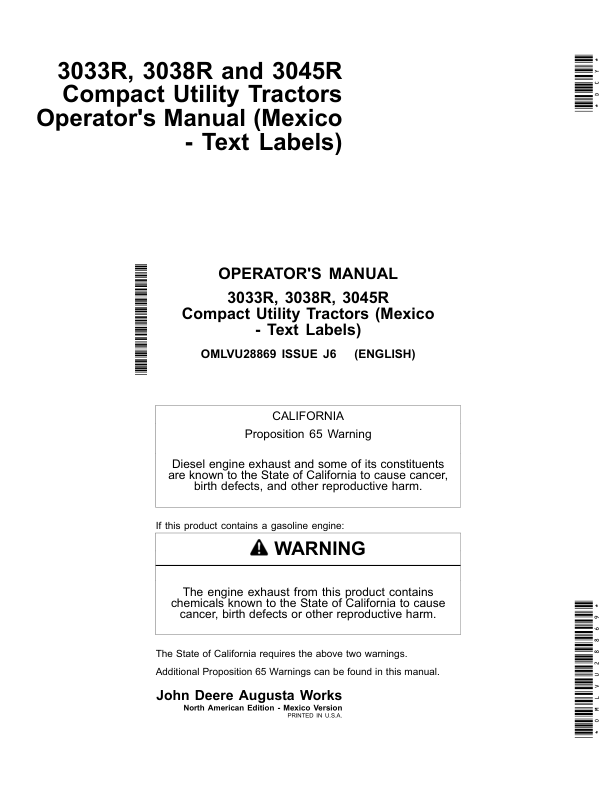 John Deere 3033R, 3038R & 3045R Compact Utility Tractors (Mexico Edition) Operator's Manual (OMLVU28869)