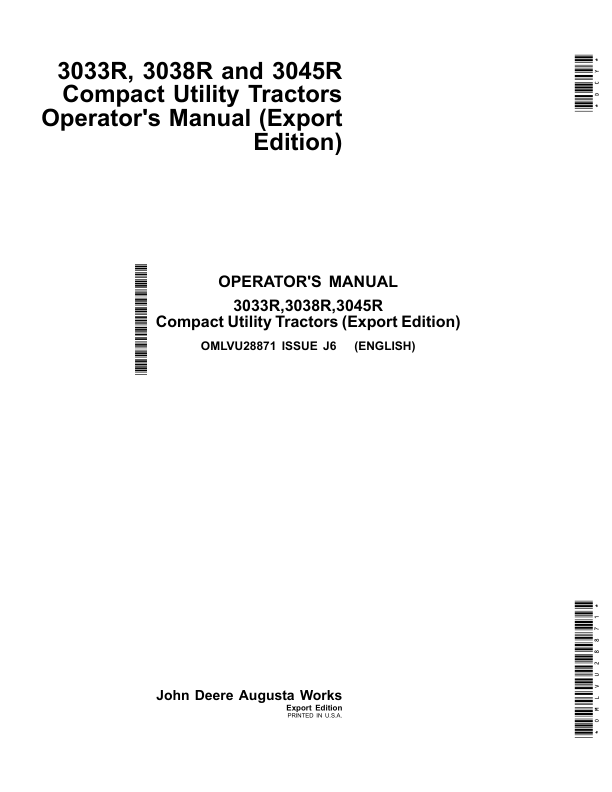 John Deere 3033R, 3038R & 3045R Compact Utility Tractors (Export Edition) Operator's Manual (OMLVU28871)