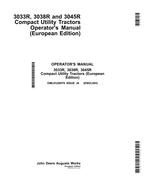 John Deere 3033R, 3038R & 3045R Compact Utility Tractors (European Edition) Operator's Manual (OMLVU28876)