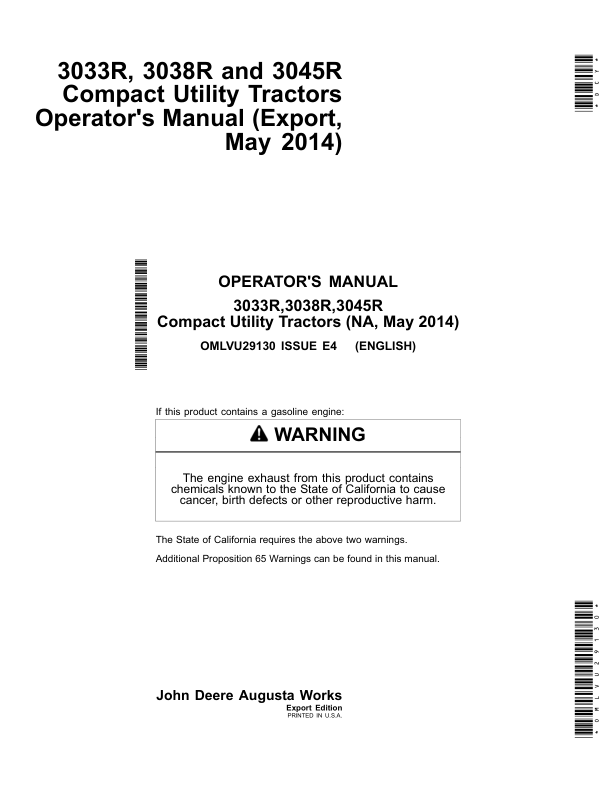 John Deere 3033R, 3038R, 3045R Compact Utility Tractors (010001-) Operator's Manual (OMLVU29130)