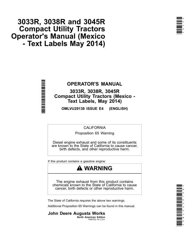 John Deere 3033R, 3038R, 3045R Compact Utility Tractors (Mexico) (010001-) Operator's Manual (OMLVU29138)