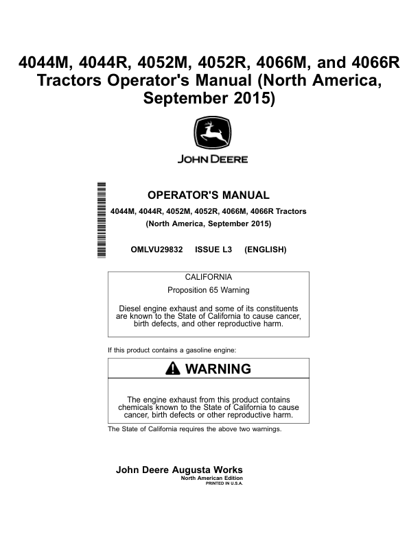 John Deere 4044M, 4044R, 4052M, 4052R, 4066M, 4066R Tractors (North America) (MY2015-) Operator's Manual (OMLVU29832)