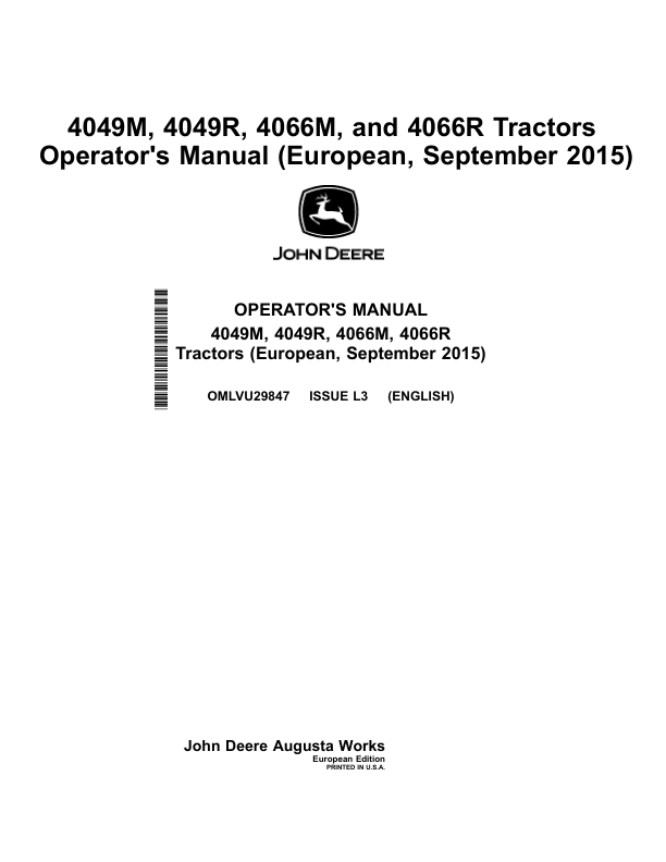 John Deere 4049M, 4049R, 4066M & 4066R Tractors Operator's Manual (OMLVU29847)
