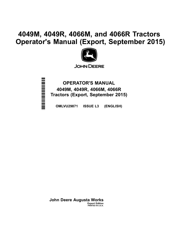 John Deere 4049M, 4049R, 4066M & 4066R Tractors Operator's Manual (OMLVU29871)