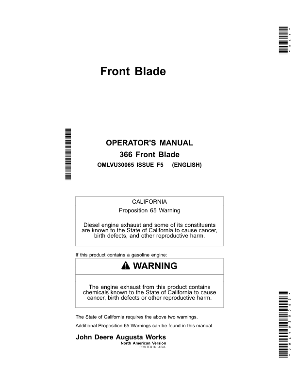 John Deere 366 Front Blade North America (110001-) Operator's Manual (OMLVU30065)