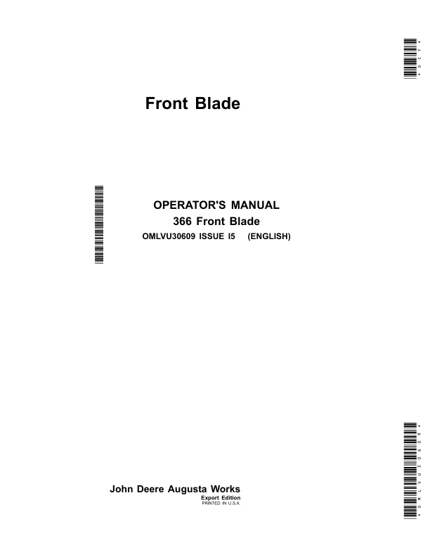 John Deere 366 Front BladeExport Edition Operator's Manual (OMLVU30609)