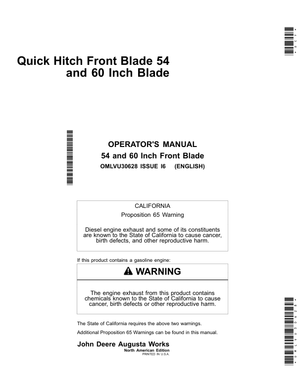 John Deere 54 & 60 Inch Quick Hitch Front Blades Operator's Manual (OMLVU30628)