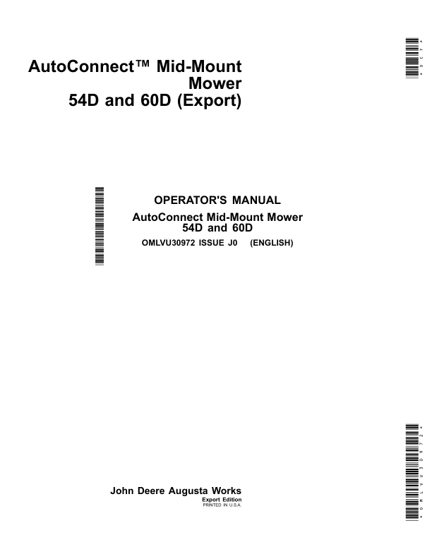 John Deere 54D, 60D AutoConnect Mid-Mount Mower (M010001-) for 2025R Compact Utility Tractors (MY2017-) Operator's Manual (OMLVU30972)
