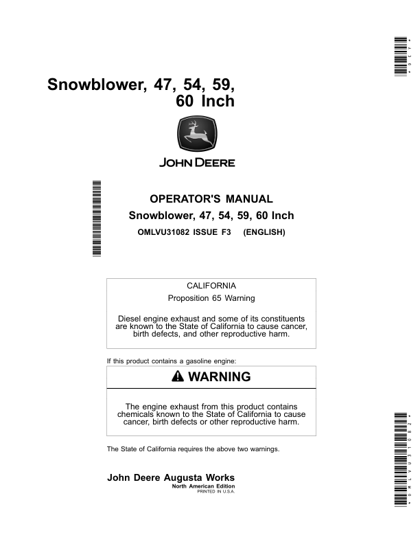 John Deere 47, 54, 59, 60 Inch Snowblower (130001-) (North America) Operator's Manual (OMLVU31082)