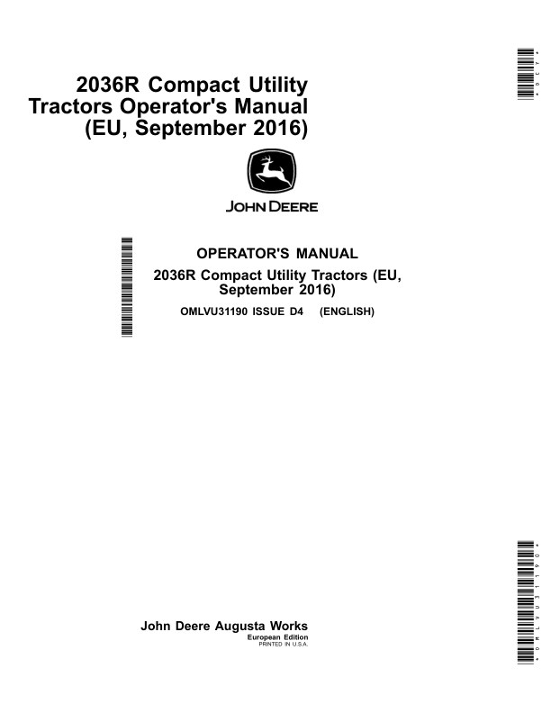 John Deere 2036R Compact Utility Tractors (EU, September 2016) Operator's Manual (OMLVU31190)