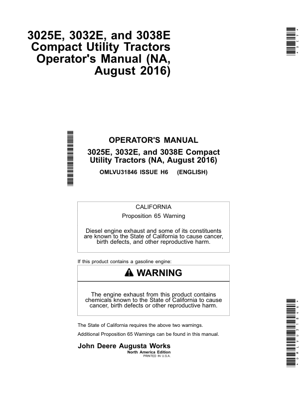 John Deere 3025E, 3032E & 3038E Compact Utility Tractors (North American) Operator's Manual (OMLVU31846)
